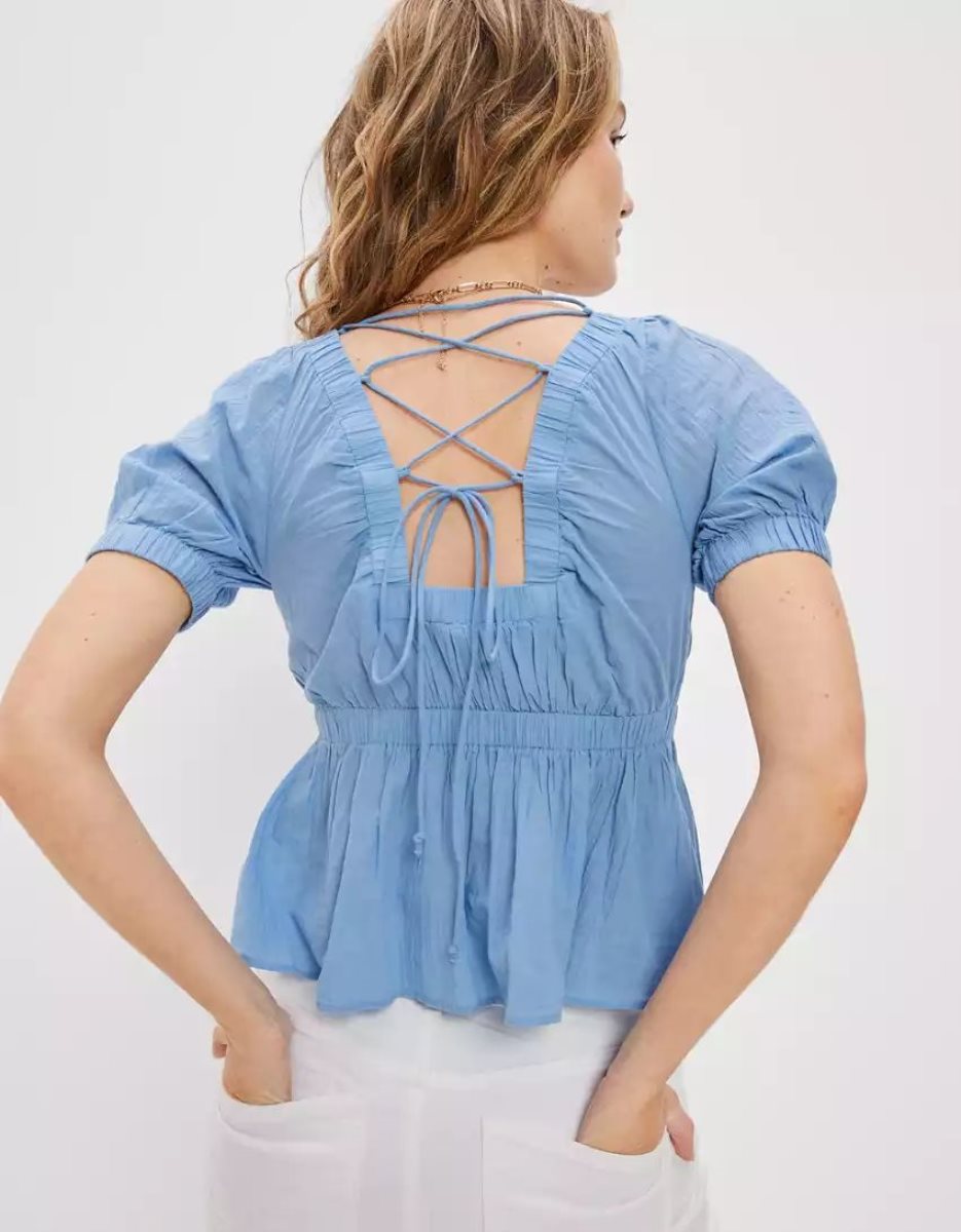 Chemises American Eagle AE Open-Back Babydoll Blouse Bleu Femme | MBB-60043621